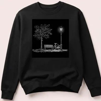 Minimalist black and white design featuring a bicycle, park bench, lamppost, and tree — printed on a unisex sweatshirt