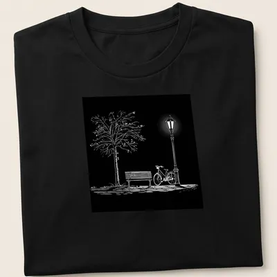 Minimalist black and white design featuring a bicycle, park bench, lamppost, and tree