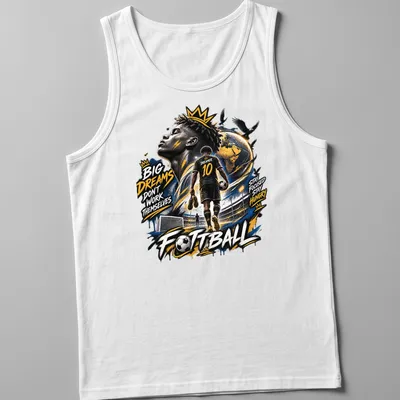 Inspirational football-themed shirt with dynamic illustration of a young player — printed on a tank top