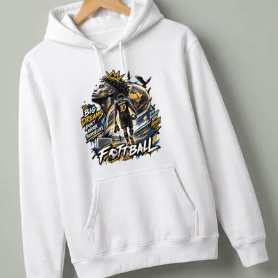 Inspirational football-themed shirt with dynamic illustration of a young player — printed on a unisex hoodie