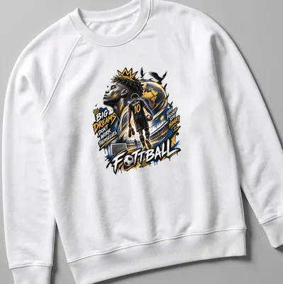 Inspirational football-themed shirt with dynamic illustration of a young player — printed on a unisex sweatshirt