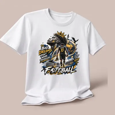 Inspirational football-themed shirt with dynamic illustration of a young player — printed on a unisex t-shirt (angled view)