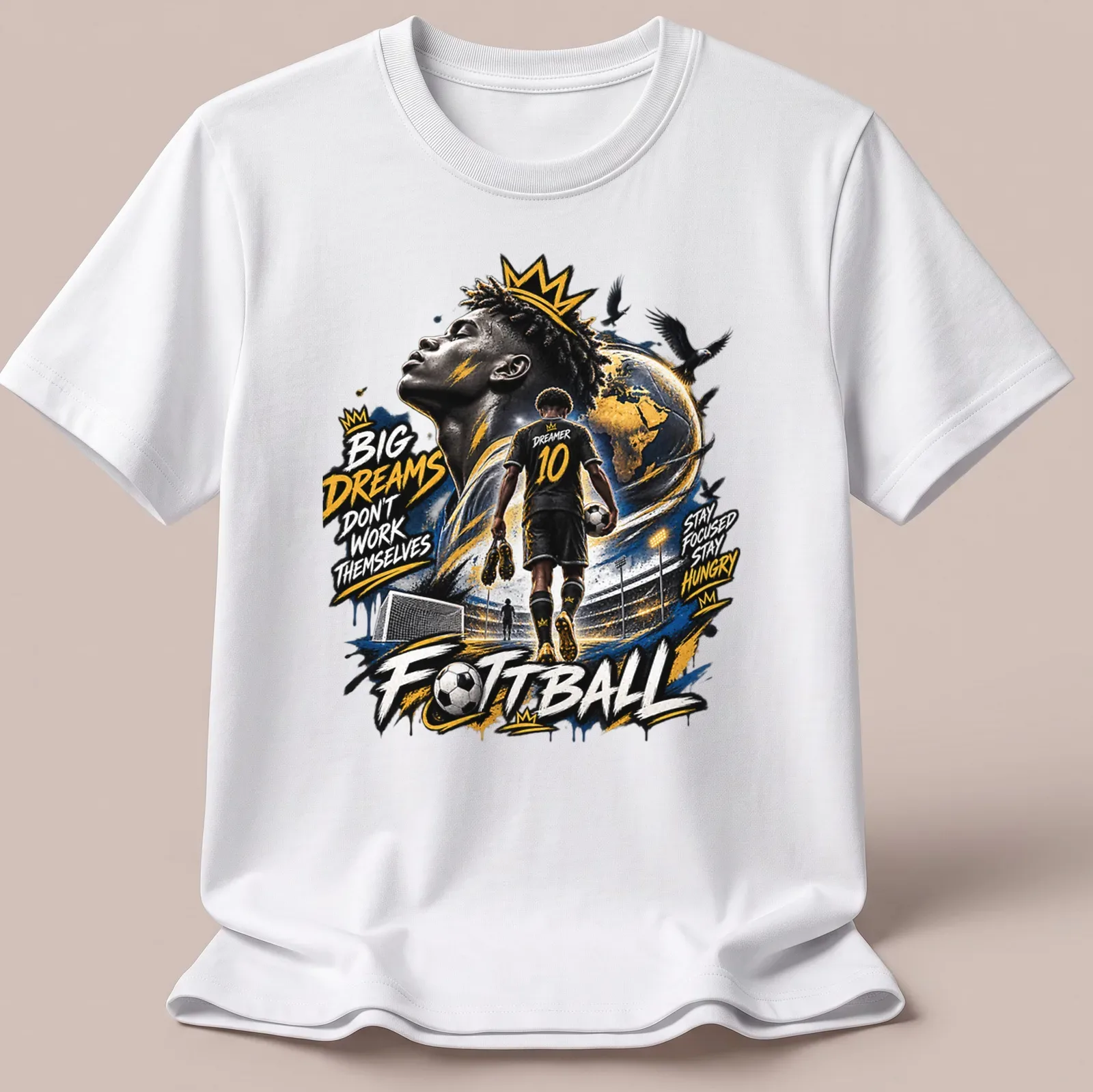Inspirational football-themed shirt with dynamic illustration of a young player — printed on a unisex t-shirt