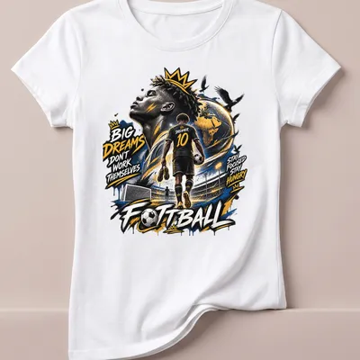 Inspirational football-themed shirt with dynamic illustration of a young player — printed on a women's shirt