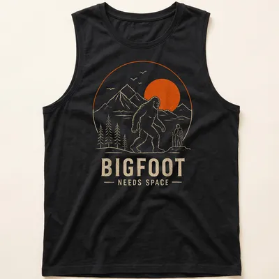 Line art design of Bigfoot with the text Bigfoot Needs Space in orange and beige — printed on a tank top