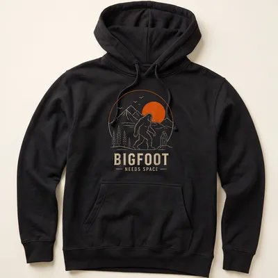 Line art design of Bigfoot with the text Bigfoot Needs Space in orange and beige — printed on a unisex hoodie