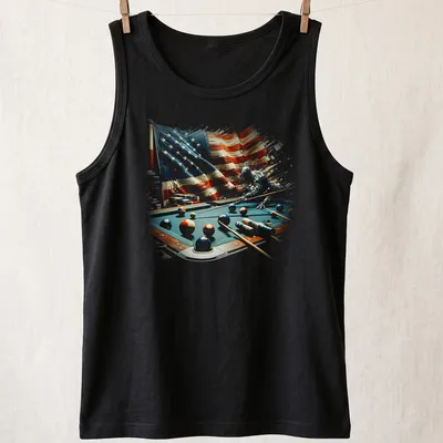 Abstract billiard table design featuring an American flag and colorful balls — printed on a tank top