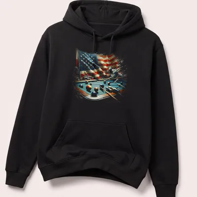 Abstract billiard table design featuring an American flag and colorful balls — printed on a unisex hoodie