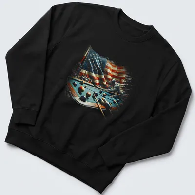 Abstract billiard table design featuring an American flag and colorful balls — printed on a unisex sweatshirt