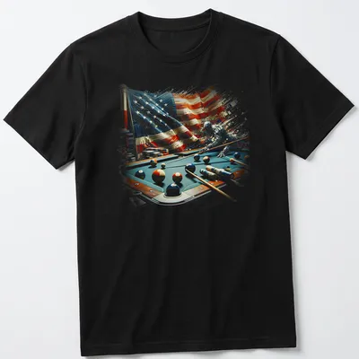 Abstract billiard table design featuring an American flag and colorful balls