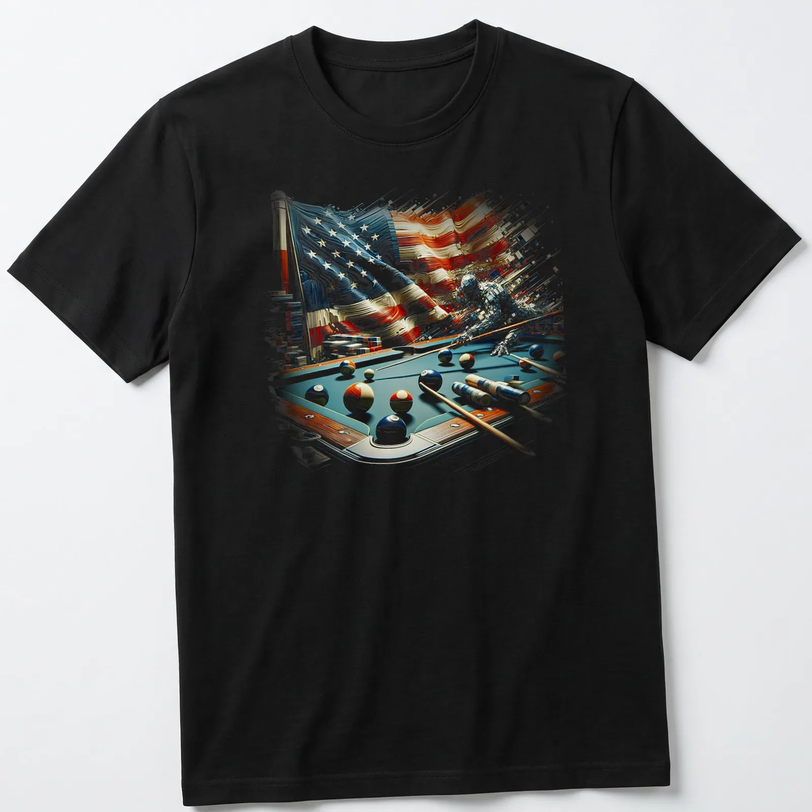 Abstract billiard table design featuring an American flag and colorful balls — printed on a unisex t-shirt