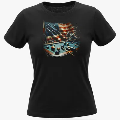 Abstract billiard table design featuring an American flag and colorful balls — printed on a women's shirt