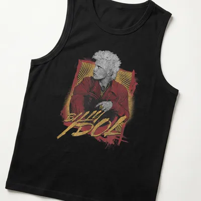 Billy Idol 2026 Tour t-shirt featuring grunge retro text and design — printed on a tank top