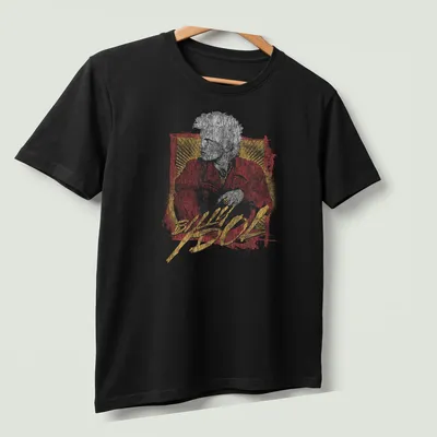Billy Idol 2026 Tour t-shirt featuring grunge retro text and design — printed on a unisex t-shirt (angled view)