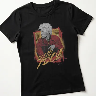 Billy Idol 2026 Tour t-shirt featuring grunge retro text and design — printed on a women's shirt