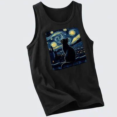 Black cat illustration inspired by Starry Night, featuring blues, yellows, and whites. — printed on a tank top