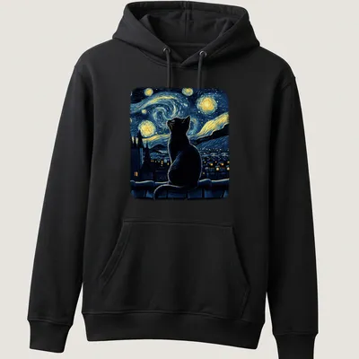 Black cat illustration inspired by Starry Night, featuring blues, yellows, and whites. — printed on a unisex hoodie