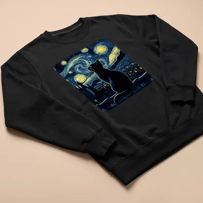 Black cat illustration inspired by Starry Night, featuring blues, yellows, and whites. — printed on a unisex sweatshirt