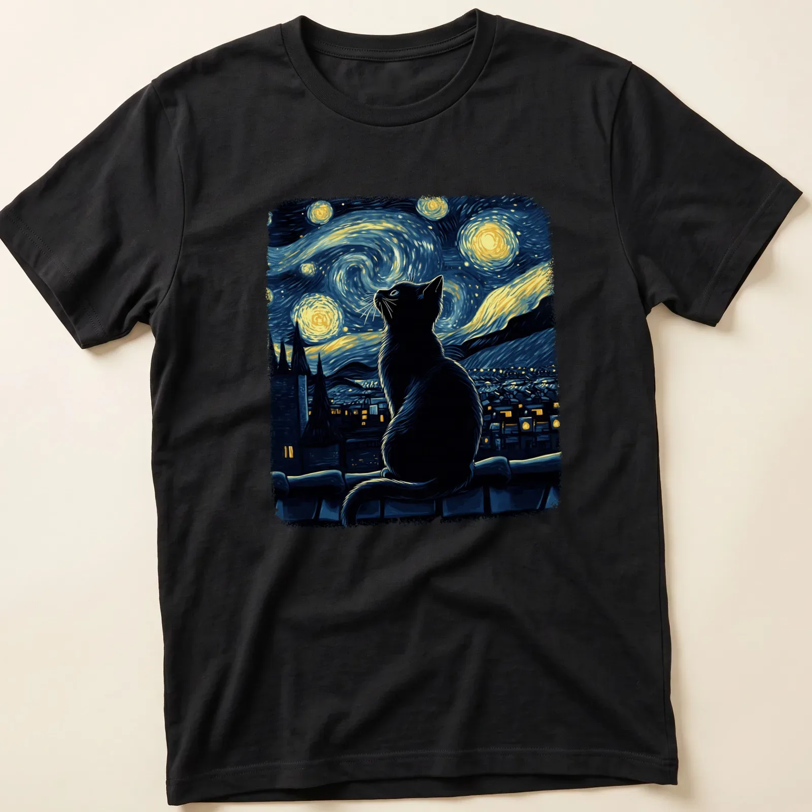 Black cat illustration inspired by Starry Night, featuring blues, yellows, and whites. — printed on a unisex t-shirt