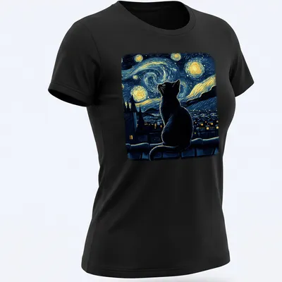Black cat illustration inspired by Starry Night, featuring blues, yellows, and whites. — printed on a women's shirt
