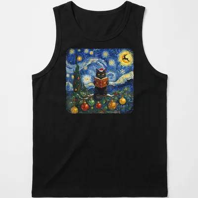 Impressionist design of a black cat reading a book under a starry winter sky — printed on a tank top