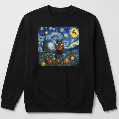 Impressionist design of a black cat reading a book under a starry winter sky — printed on a unisex sweatshirt