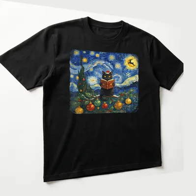 Impressionist design of a black cat reading a book under a starry winter sky — printed on a unisex t-shirt (angled view)