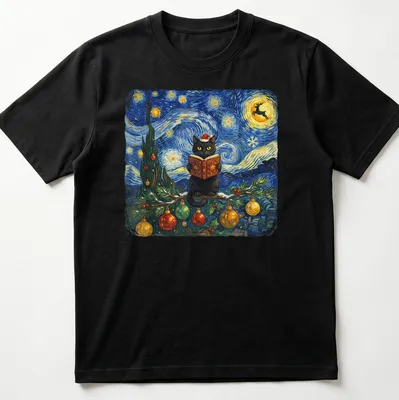 Impressionist design of a black cat reading a book under a starry winter sky
