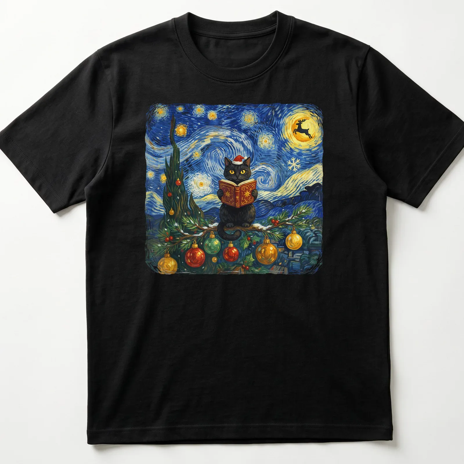 Impressionist design of a black cat reading a book under a starry winter sky — printed on a unisex t-shirt