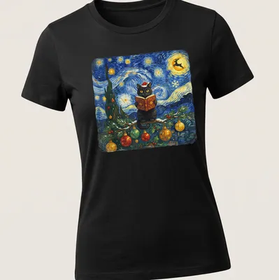 Impressionist design of a black cat reading a book under a starry winter sky — printed on a women's shirt