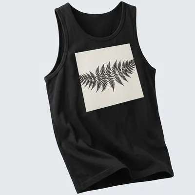 Botanical illustration of a fern frond in black and white — printed on a tank top