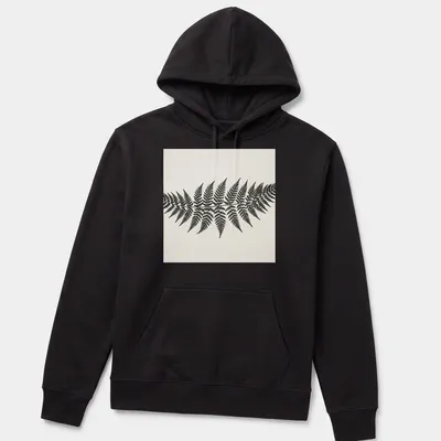 Botanical illustration of a fern frond in black and white — printed on a unisex hoodie