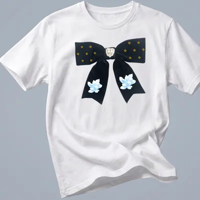 Cottagecore style t-shirt featuring a black velvet bow with heart and flowers