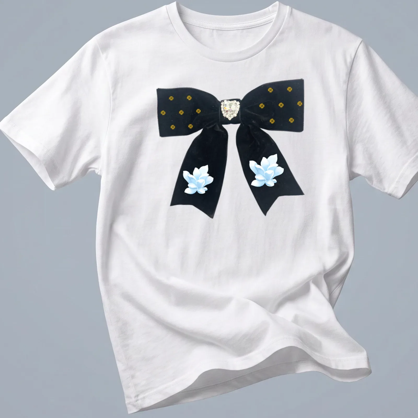Cottagecore style t-shirt featuring a black velvet bow with heart and flowers — printed on a unisex t-shirt