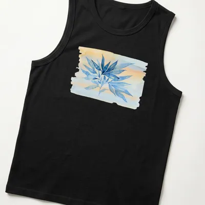 Watercolor botanical branch in blue, peach, and soft yellow on — printed on a tank top