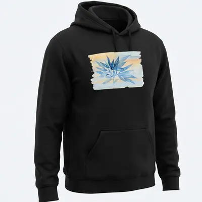 Watercolor botanical branch in blue, peach, and soft yellow on — printed on a unisex hoodie