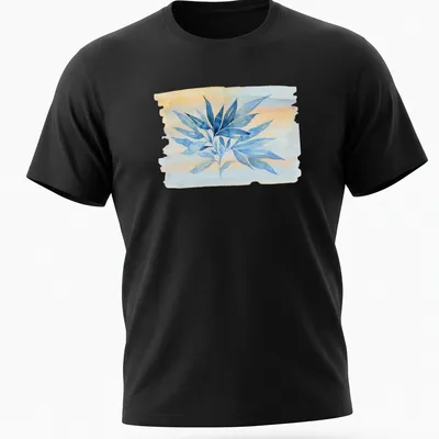 Watercolor botanical branch in blue, peach, and soft yellow on T-shirt
