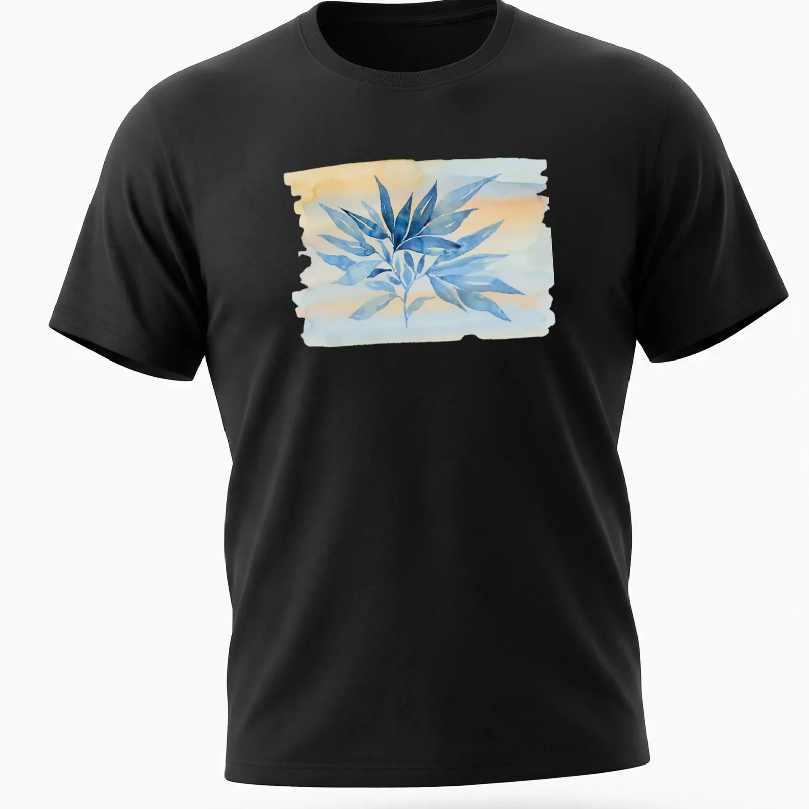 Watercolor botanical branch in blue, peach, and soft yellow on — printed on a unisex t-shirt