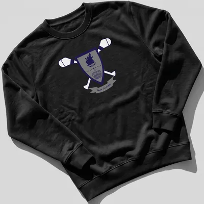 Shield design featuring a wolf crest emblem with navy blue, gray, and white colors — printed on a unisex sweatshirt
