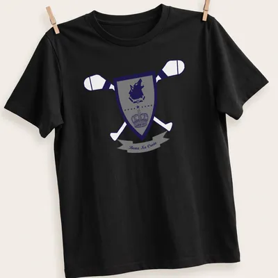 Shield design featuring a wolf crest emblem with navy blue, gray, and white colors