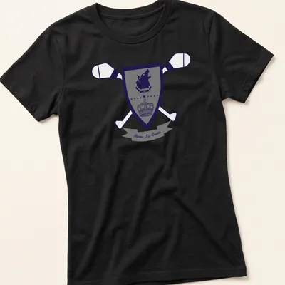 Shield design featuring a wolf crest emblem with navy blue, gray, and white colors — printed on a women's shirt