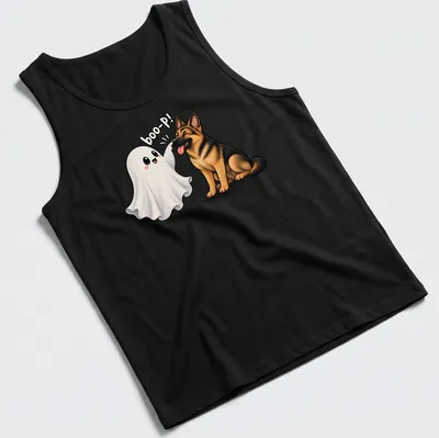 Kawaii German Shepherd dressed as a ghost with the text 'boo-P!' — printed on a tank top