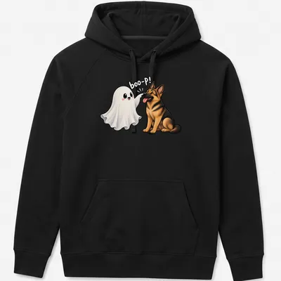 Kawaii German Shepherd dressed as a ghost with the text 'boo-P!' — printed on a unisex hoodie
