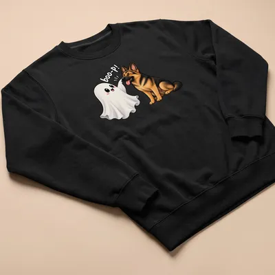 Kawaii German Shepherd dressed as a ghost with the text 'boo-P!' — printed on a unisex sweatshirt