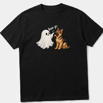 Kawaii German Shepherd dressed as a ghost with the text 'boo-P!'