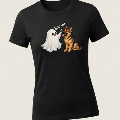 Kawaii German Shepherd dressed as a ghost with the text 'boo-P!' — printed on a women's shirt