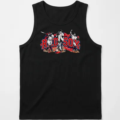 Vintage sports tee featuring Boston Red Sox players in action with RED SOX text — printed on a tank top