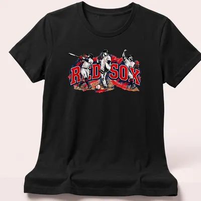 Vintage sports tee featuring Boston Red Sox players in action with RED SOX text — printed on a women's shirt