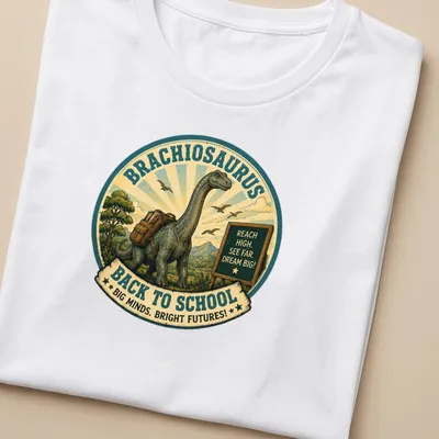 Vintage dinosaur graphic shirt featuring a Brachiosaurus with inspirational text. — printed on a women's shirt
