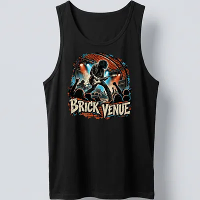 Vintage concert art t-shirt featuring a rock guitarist with bold text — printed on a tank top